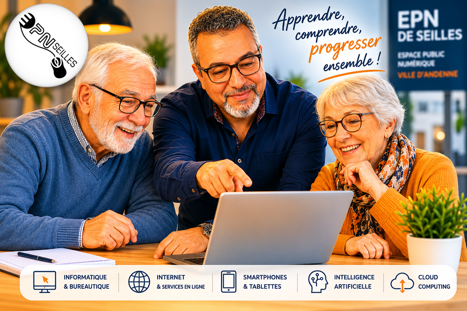 Illustration promotionnelle de l’EPN de Seilles montrant le formateur Yahya accompagnant deux apprenants seniors dans l’utilisation d’un ordinateur portable. La scène se déroule dans un environnement moderne, chaleureux et professionnel aux couleurs de l’EPN de Seilles. Le logo de l’EPN est visible dans l’image, ainsi que plusieurs thématiques de formation : informatique et bureautique, Internet et services en ligne, smartphones et tablettes, intelligence artificielle et cloud computing. L’image met en valeur l’accompagnement personnalisé, l’apprentissage à son rythme et l’inclusion numérique des citoyens de la Ville d’Andenne. Des informations d’inscription et l’adresse du site web www.epnandenne.be sont également présentes.